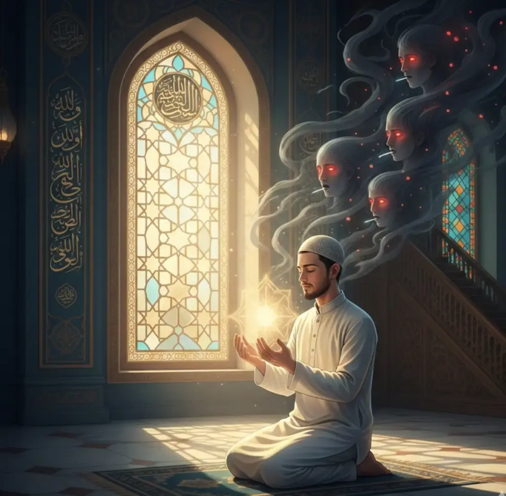 Waspada 'Inner Voice' atau Godaan, Kenali 4 Bisikan Halus yang Kerap Merusak Pahala Puasa Ilustrasi-Seorang-Berdoa-Lawan-Bisikan-Syaitan