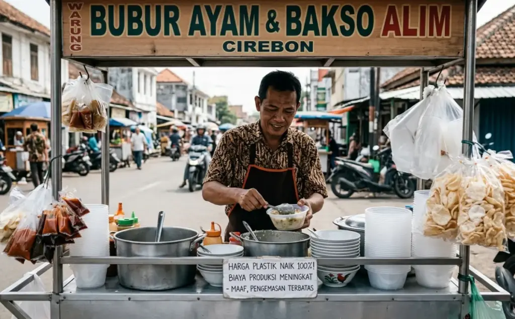 Efek Domino Perang Iran-Israel Hantam Cirebon, Harga Plastik Meroket 100% Bikin Napas UMKM Kian Tersengal Ilustrasi-Penjual-Bubur-di-Tengah-Plastik-Meroket